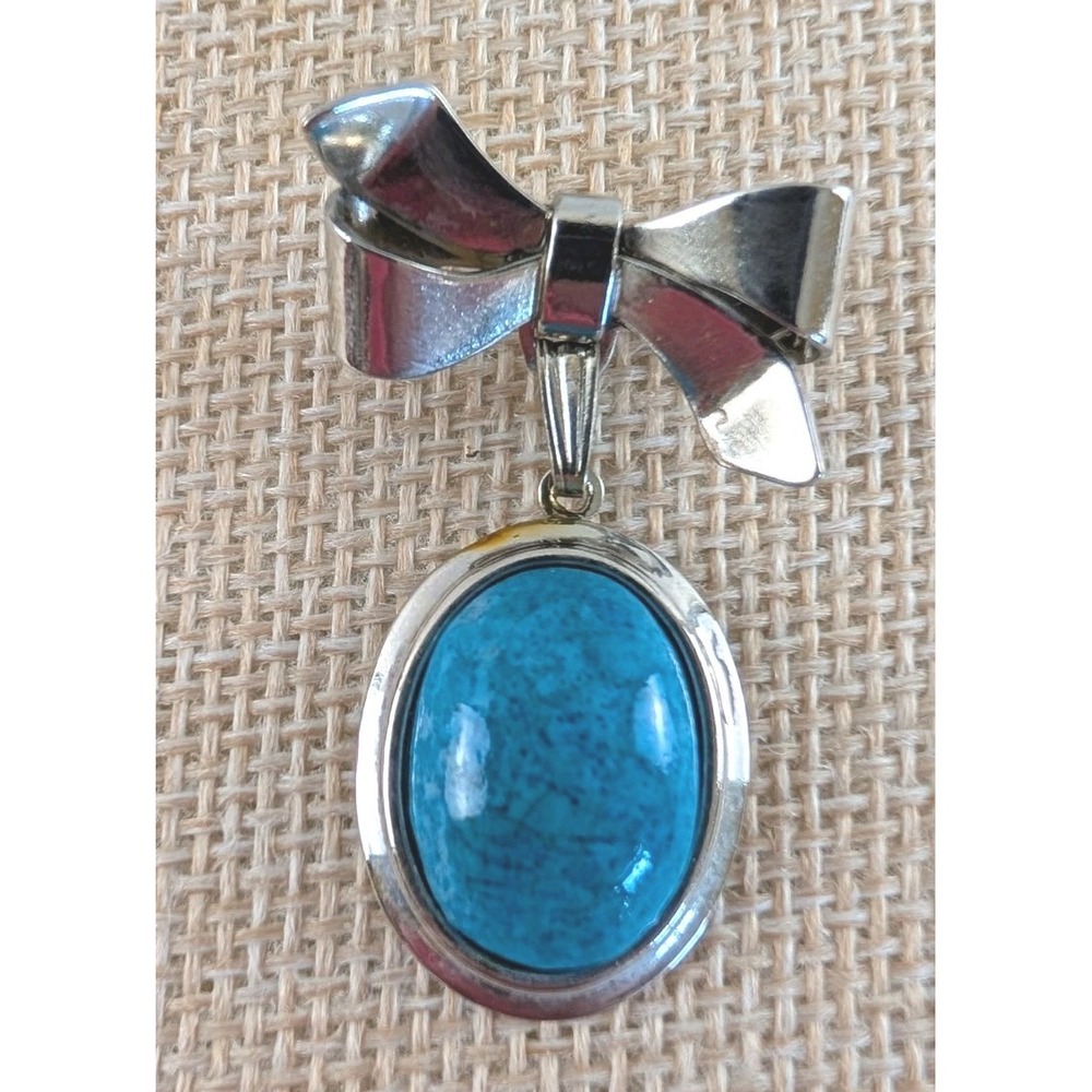 Vintage Blue Glass Cabochon Bow Brooch Silvertone Dangle Pin 1950s 60s